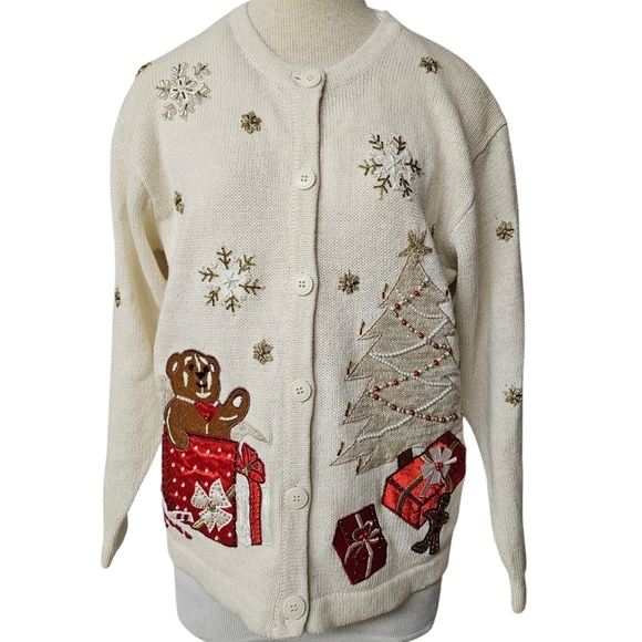 Winter Wonderland Vintage Embroidered Knit Cardigan in Cream and Red Size Med - Picture 1 of 12